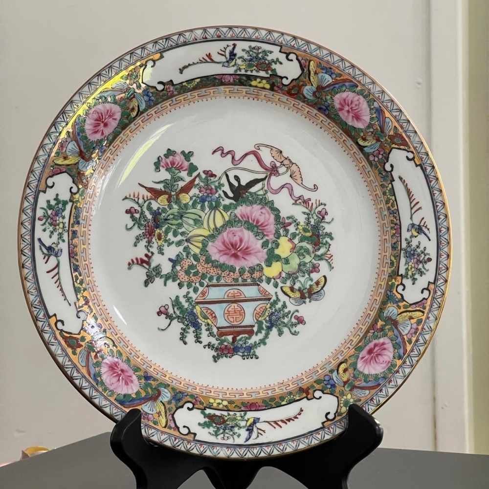 Vintage  Chinese Export Famille  Rose  Medallion 2 Dinner Plate   1960s